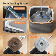 KZKR Spin Mop and Bucket 1.0 Set with 2 Pads, Grey+orange+white