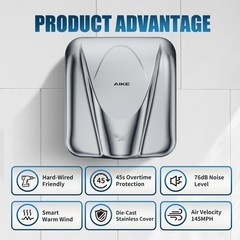 Elephant Power Commercial Hand Dryer High Speed Auto Warm Wind, Polished Stainle