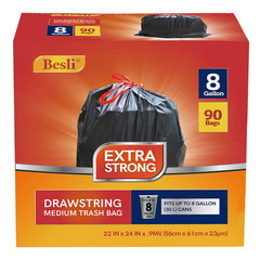 Besli 8 Gallon Black Drawstring Trash Bag Garbage Bag Trash Can Liner0.9 Mil90