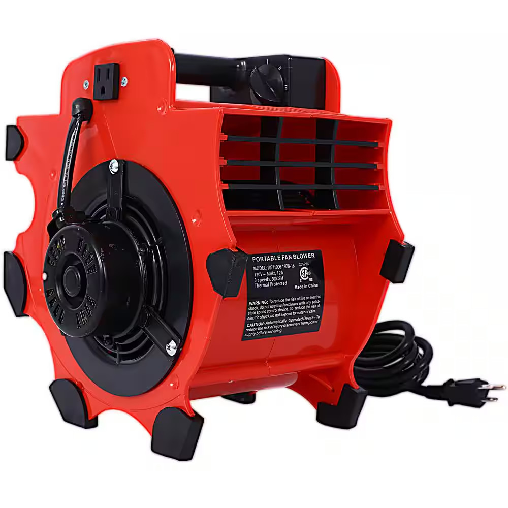 12 In. 3-Speed Heavy-Duty Portable Air Mover Floor Fan and Carpet Dryer in Red w