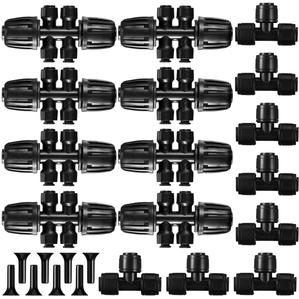 24 Pieces Drip Irrigation Parts 8 Pcs 1/2” to 1/4” and 1/4”, Black