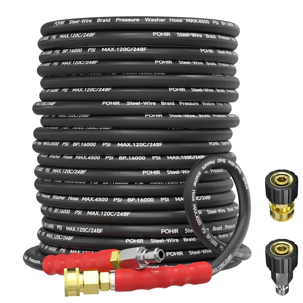 POHIR Pressure Washer Hose 100ft, 3/8” Power Washing Hose 4500PSI Steel Wire…