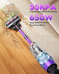 Powerffy Cordless Vacuum Cleaner 70Min/650W/55Kpa Self-Standing Vacuum Cleaners