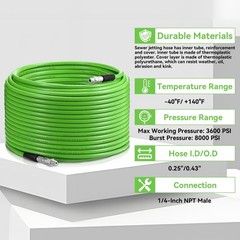 Washer Pressure Hose 150FT Sewer Jetter Kit 3600PSI 1/1/4 Inch NPT Drain Cleaner