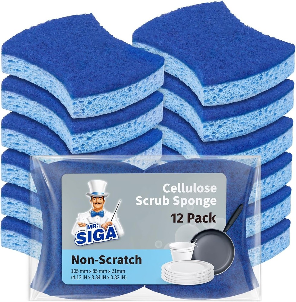 MR.SIGA 12 Pack Dual Sided Cellulose Scrub Sponge Non Scratch Kitchen Sponge