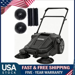 Walk-Behind Hand Push Floor Sweeper 25.6″ Wide Manual Sweeper 5-Gallon Waste Bin