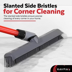 2-in-1 Silicone Rubber Broom Carpet Rake and 1 Piece Long Handle, Gray