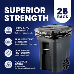 Plasticplace 64-65 Gallon Black Trash Bags Heavy Duty Toter Can Liners Tear