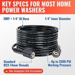 29FT Pressure Washer Hose 1/4” M22-14mm 3200PSI Kink Resistant Replacement Hose