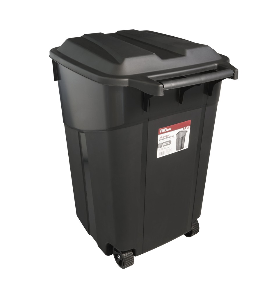 Tough 45 Gallon Wheeled Heavy Duty Plastic Garbage Can, Attached Lid, Black