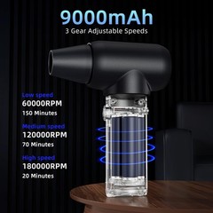 3-Gear Electric Portable Air Duster – 180000RPM Jet Dryer Blower, No Black