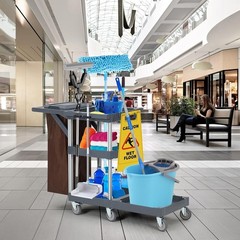 Mobile Janitorial Cleaning Cart – Black Caddy with Cover, Shelves & Bag