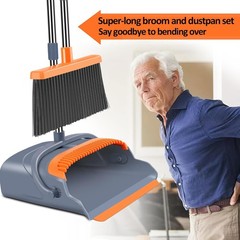 kelamayi Upgrade Broom and Dustpan Set, Self-Cleaning with Gray&orange
