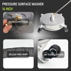 Hourleey 14″ Pressure Washer Surface Cleaner, Stainless Steel 14 Inch, Silver