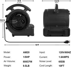 MOUNTO 1/5hp 650cfm mini Commercial Air Mover Carpet drying blower