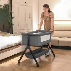 Baby Bassinet Bedside Sleeper, Adjustable Height, Grey Alloy Steel, Rectangular
