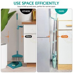 XXXFLOWER Broom and Dustpan Set with Cleaning Teeth, 55″ Long Bluish Green