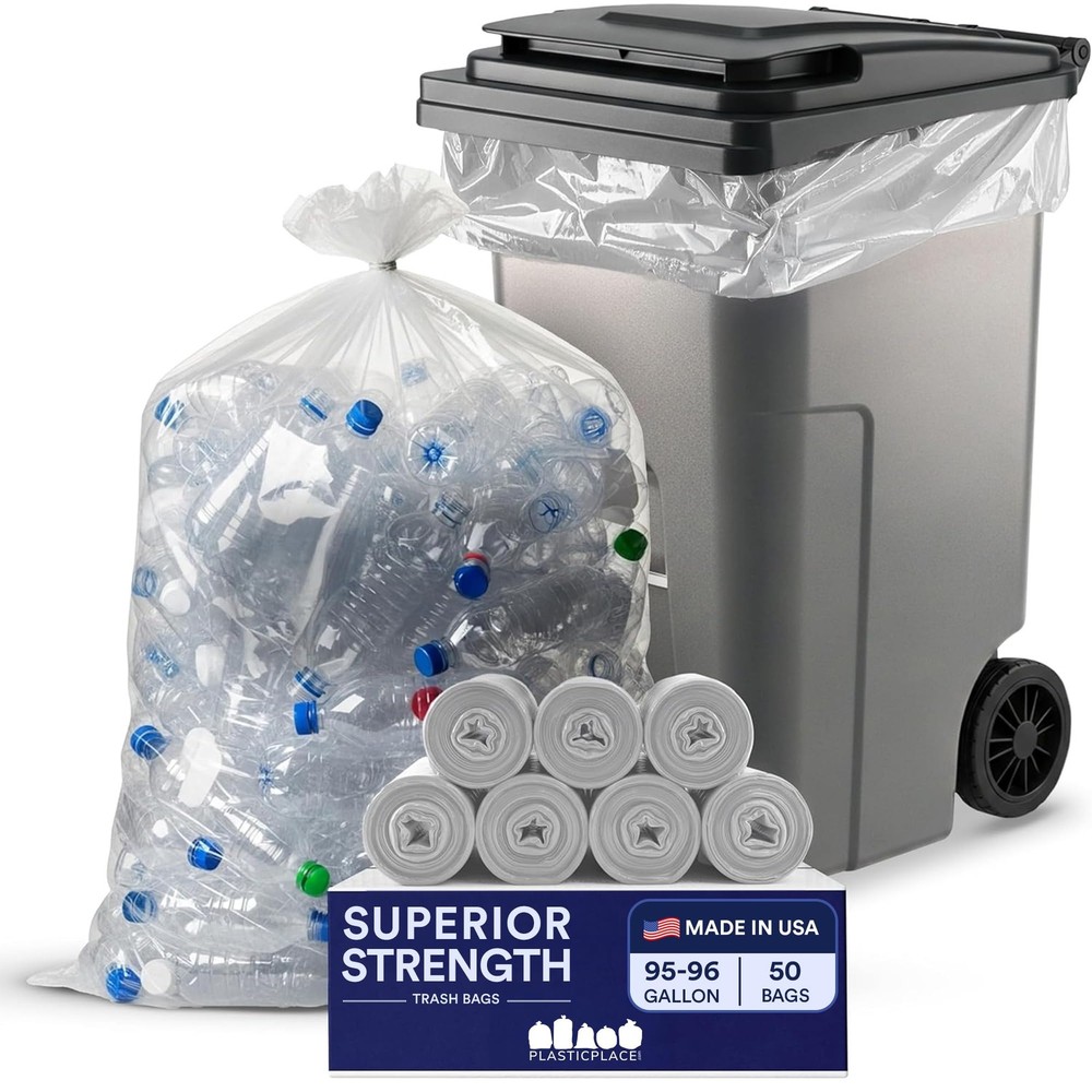 Plasticplace 95-96 Gallon Garbage Can Liners 1.5 Mil Clear Heavy Duty Trash