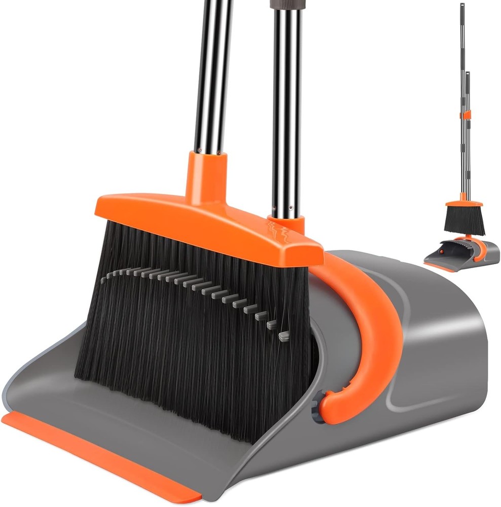 Ivandar Broom and Dustpan Set Long Handle Upright for Home Gray Orange