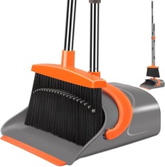 Ivandar Broom and Dustpan Set Long Handle Upright for Home Gray Orange