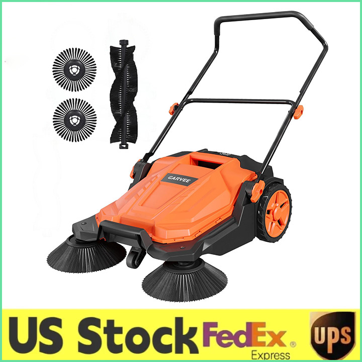 GARVEE Walk-Behind Hand Push Floor Sweeper 25.6″ Width 5 Gallon Waste Container