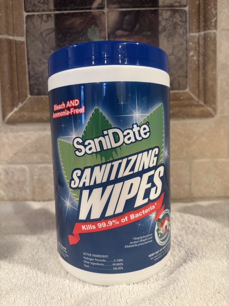 SaniDate Sanitizing Wipes, disinfectant bleach free wipes 125 wipes 18cm x 20cm