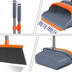 kelamayi Upgrade Broom and Dustpan Set, Self-Cleaning with Gray&orange