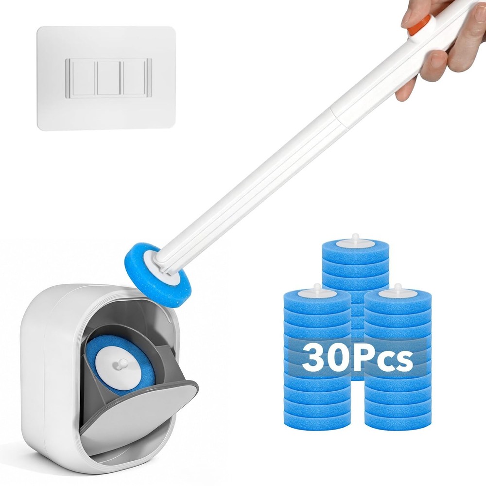Disposable Toilet Brush & Wand Starter Kit, Wall-Mounted Auto-Closing Caddy w…