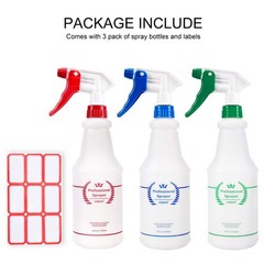 Uineko Plastic Spray Bottle (3 Pack, 24 Oz, 3 24 3 Red, Green, Blue
