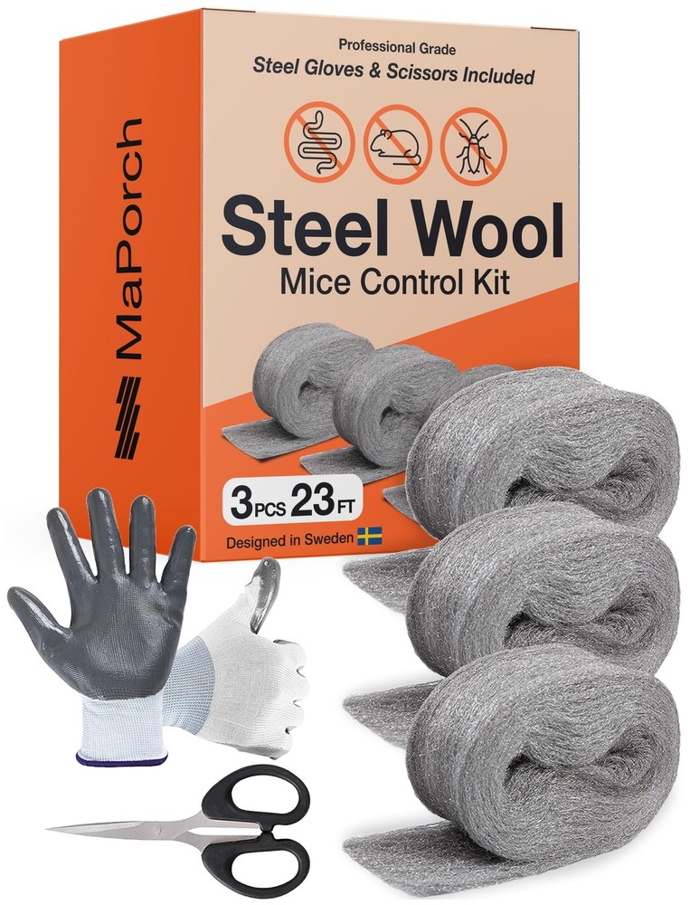 Steel Wool Mice Control 3pc, Mouse Hole Filler, Scissors & Gloves,