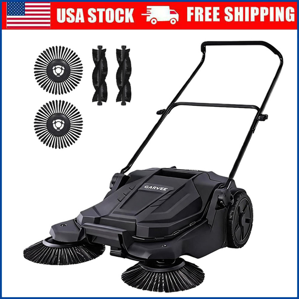 Manual Push Floor Sweeper 25.6 in Walk Behind Yard Sweeper with 5 Gallon Bin