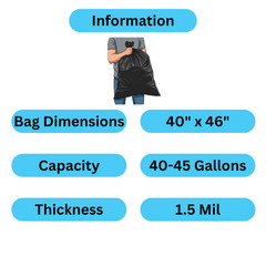 1.5 Mil Flat Sealed LLDPE Black Can Liner, 40-45 Glns- 40×46, 200 Pieces