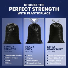 Plasticplace 13 Gallon Extra Tall Drawstring Kitchen Trash Bags Black 1.2 Mil