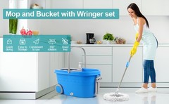 Spin Mop and Bucket with Wringer Set On Wheels, 360° Spinning Mop Bucket System