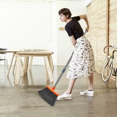 Broom and Dustpan Set Self Cleaning Stand Up Gray Orange