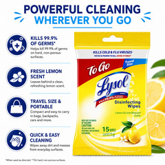 Lysol Disinfecting Wipes To-Go Pack Lemon Scent Travel Size 15 Wipes 3 Pack