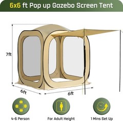 6×6 FT Pop Up Screen House Tent – Instant Screened Gazebo Canopy with Mosquito