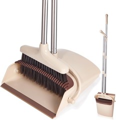 XXFLOWER Broom and Dustpan Set with Long Handle, Light Weight Medium, Beige