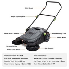 Manual Floor Sweeper 5-Gallon Container Adjustable Handle Non-Electric