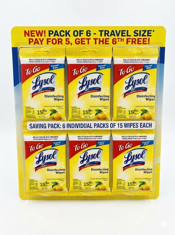 Lysol To Go Disinfecting Wipes Lemon Lime Scent, 15 Ct. Pack of 6 (FREE SHIPP)