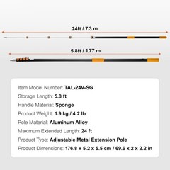 Telescoping Pole, 6 to 24 FT Pole, Extension Multi – Purpose Pole, Sturdy