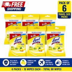 6 PACK Lysol Disinfecting Wipes To Go 15ct Lemon Lime Travel Size Kills 99.9%