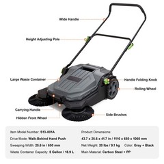 Walk Behind Hand Push Floor Sweeper 25.6″ Manual Non Electric 5 Gallon