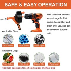 Drain Auger, Clog Remover 24.606 feet long with a 3-inch diameter, Orange