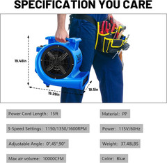 Powerful 1.5HP Air Mover Blower Fan – 3 Speeds, 15FT Cord, Adjustable Angles
