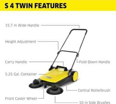 Karcher S 4 Twin Walk-Behind Outdoor Hand Push Sweeper – 5.25 Gallon Capacity
