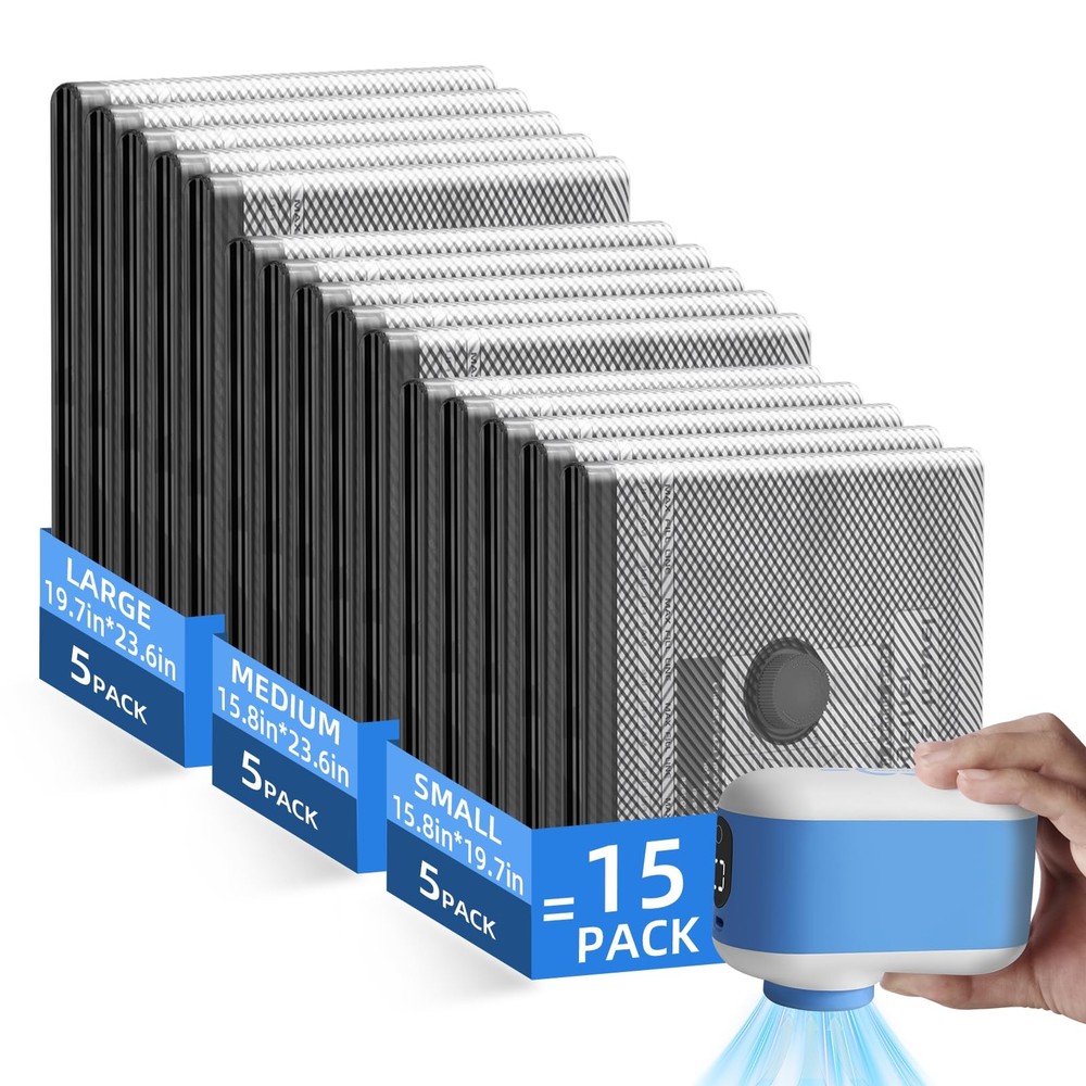 Vacuum Storage Bags with -60000Pa USB Pump,15 Pack 15 Combo, 15 bags+pump