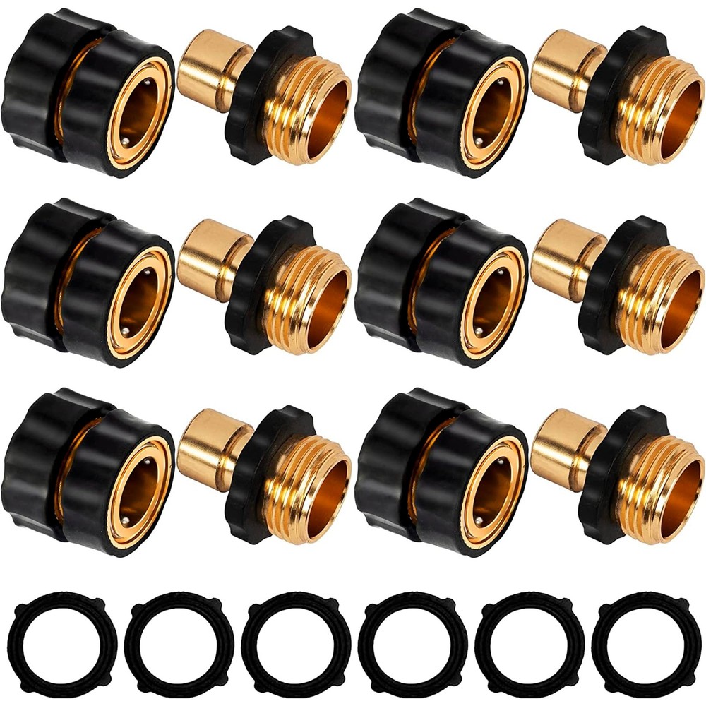 3/4 Inch Garden Hose Quick Connect, Aluminum 6pack, Brass, Black