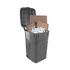 Tough 45 Gallon Wheeled Heavy Duty Plastic Garbage Can, Attached Lid, Black