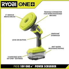 Ryobi One 18V Cordless Compact Power Scrubber Kit 2.0 Ah Battery And Charger